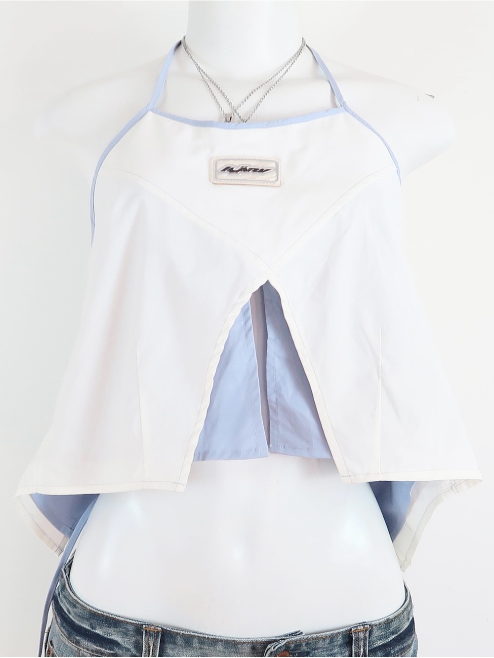 White & Light Blue Asymmetrical Halter Crop Top
